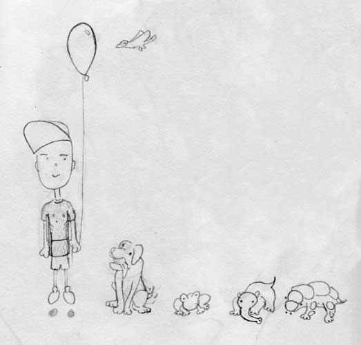 boy holding balloon in animal line-up